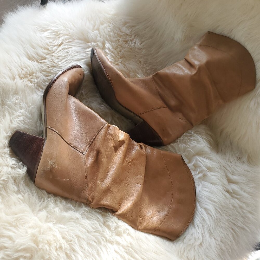 Brazilian size 7 pointed toe caramel leather calf height slouch boot